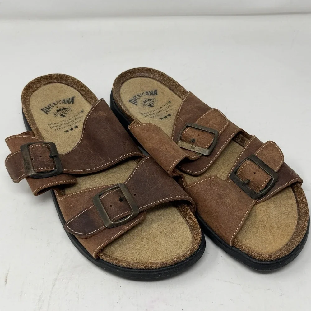 Buffalino Americana Italy Leather Double Strap Sandals EU 42 US 9 Mens Brown